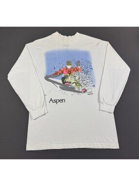 Rare Vintage 90s Aspen Art Snow Winter Long Sleeve Shirt CYRK White Large Hype